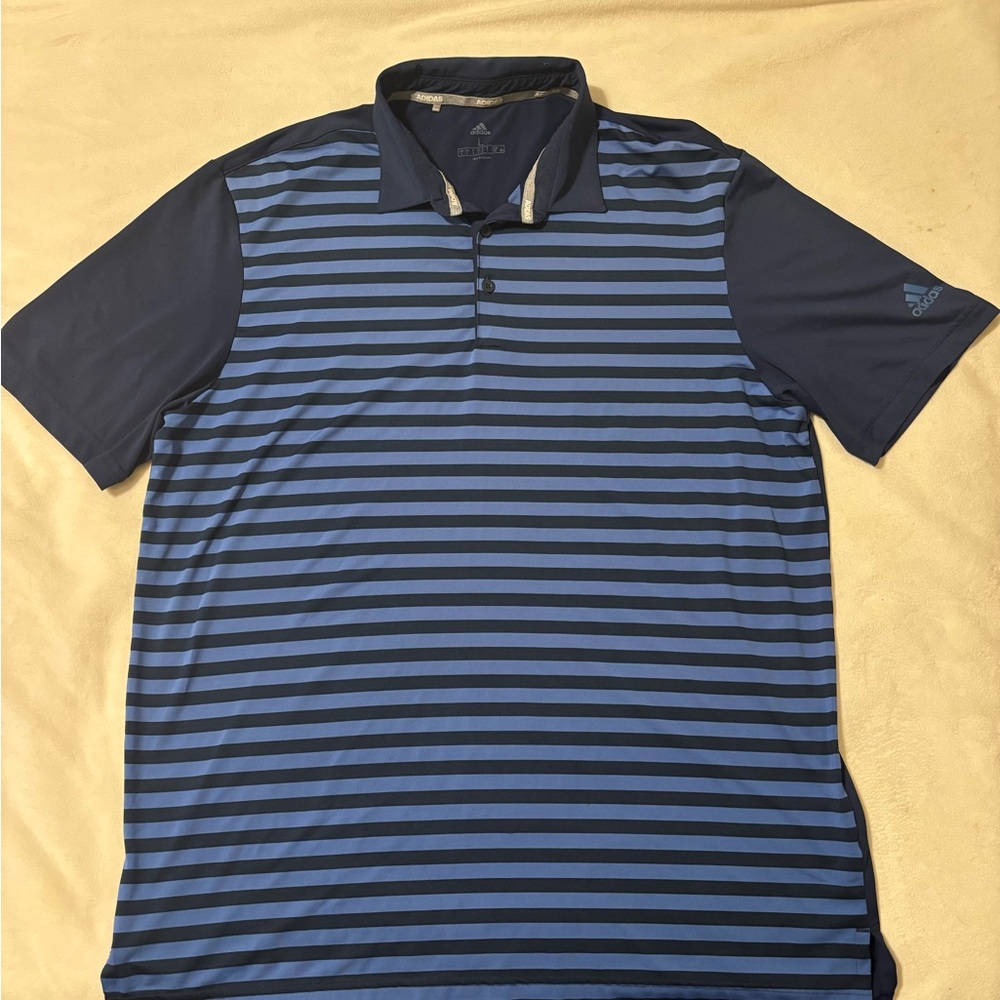 Adidas Men's Navy and Light Blue Striped Polo